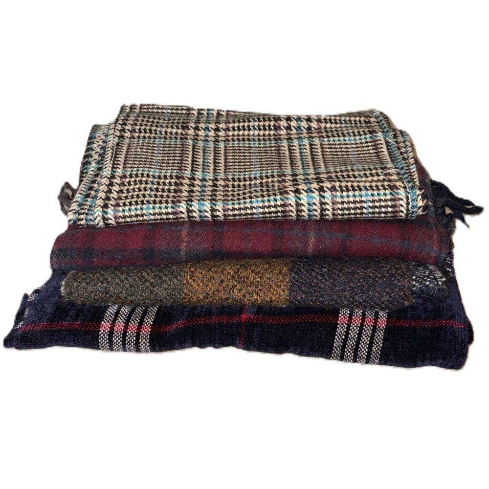 Set Of 4 Blend Plaid & Checkered Scarves Some Fringed Ends